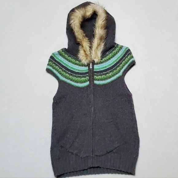 VINTAGE 90s Old Navy Lambswool Blend Knit Fur Trim Hood Cap Sleeve Sweater Vest - Picture 4 of 12